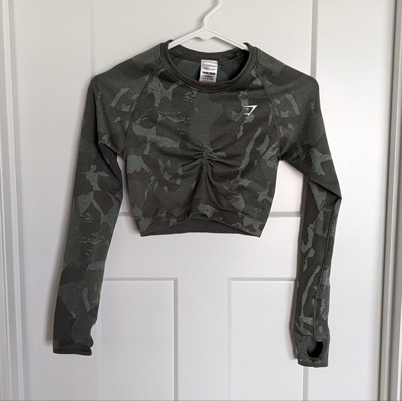 Gymshark Adapt Seamless Crop Top Army Green Camo with Cut Out sz S - Picture 1 of 5